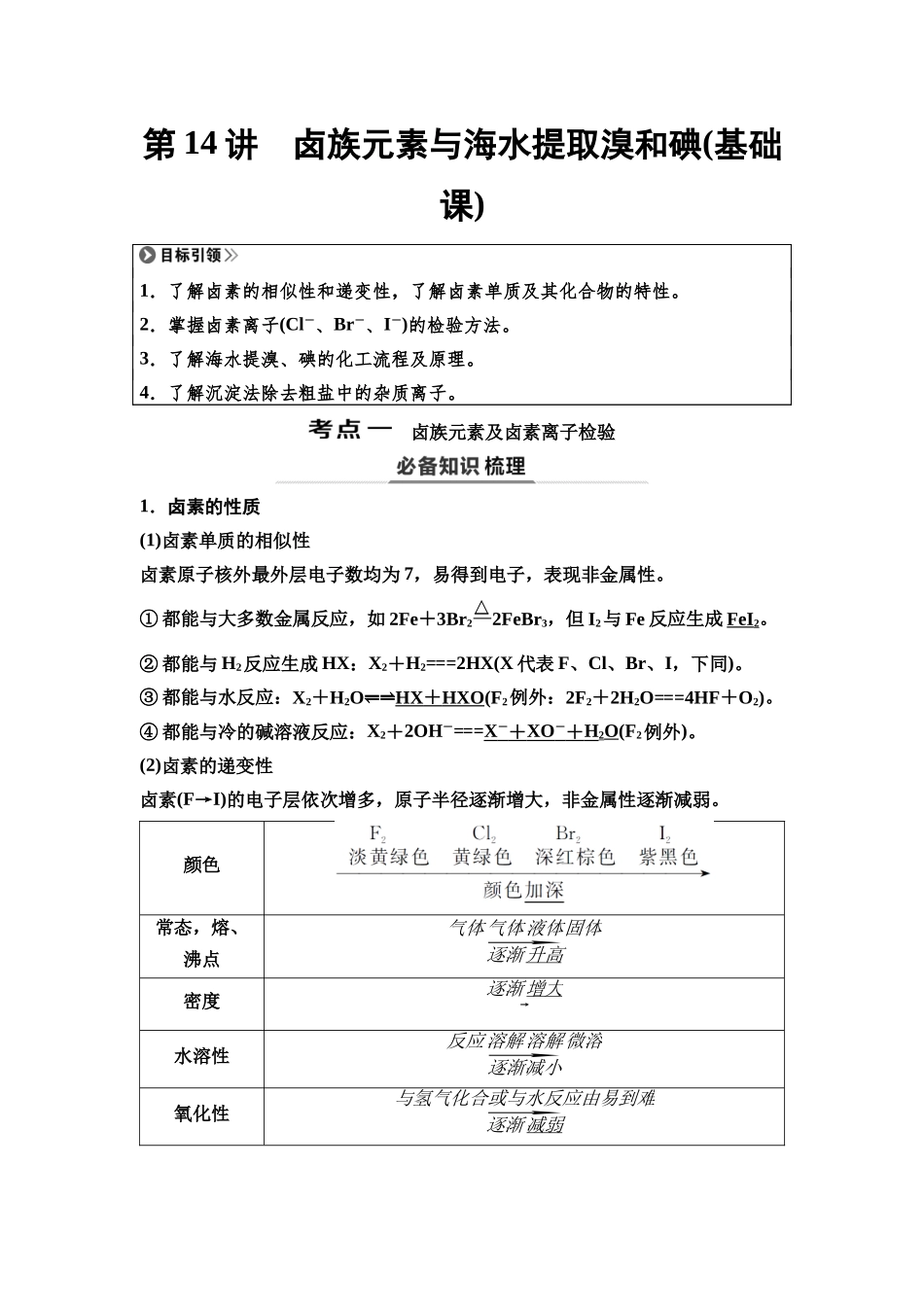 2026版《课堂新坐标》高三化学一轮复习不定项版20第一篇第二部分第四章第14讲卤族元素与海水提取溴和碘(基础课).docx_第1页