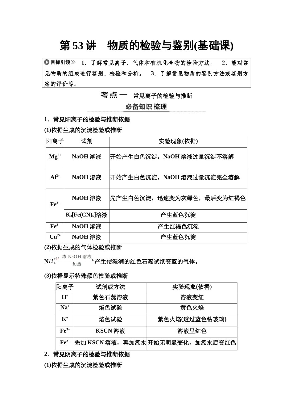 2026版《课堂新坐标》高三化学一轮复习不定项版78第一篇第六部分第十章第53讲物质的检验与鉴别(基础课).docx_第1页