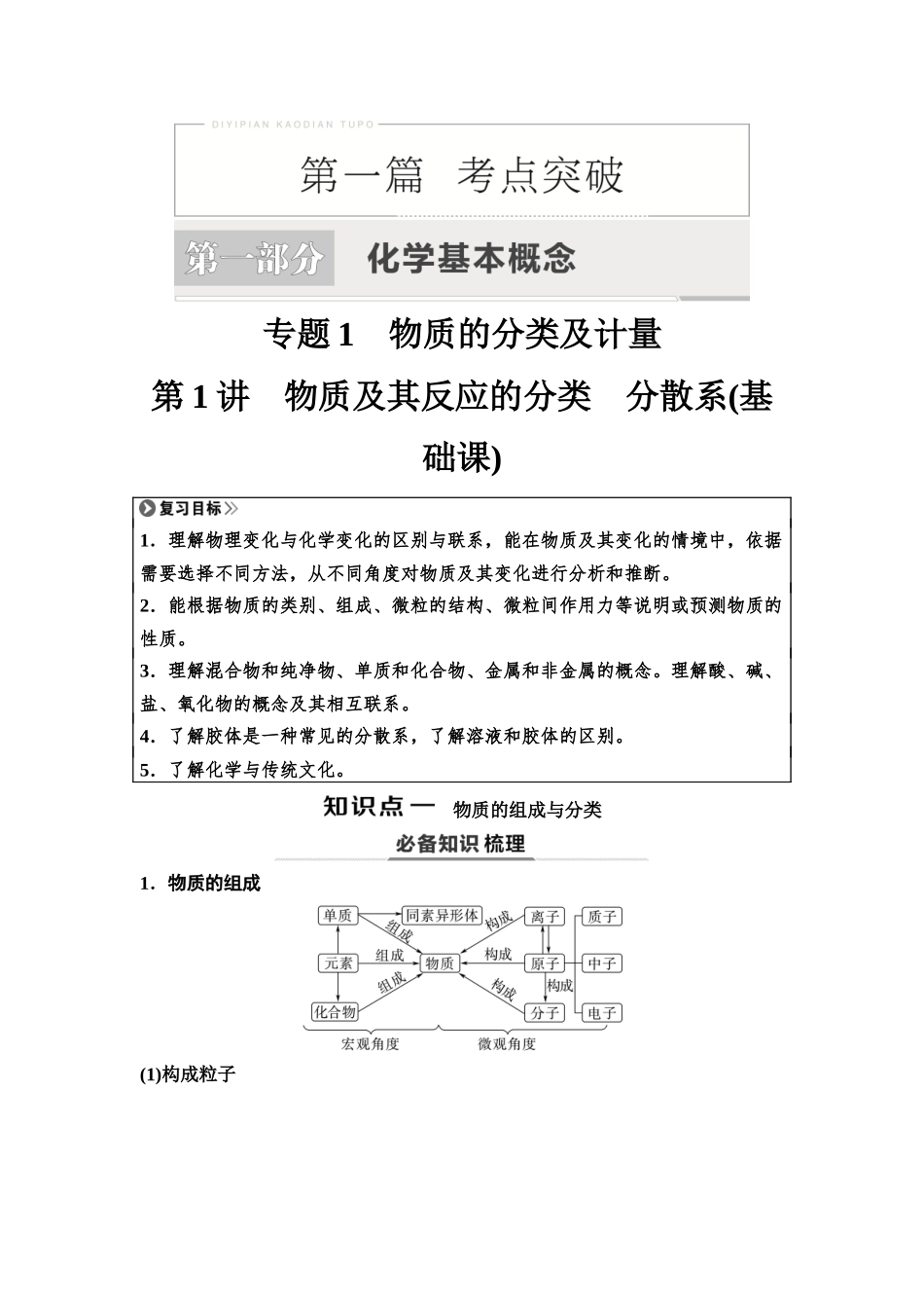 2026版《课堂新坐标》高三化学一轮复习江苏专版01第一篇第一部分专题1第1讲物质及其反应的分类分散系(基础课)(1).docx_第1页