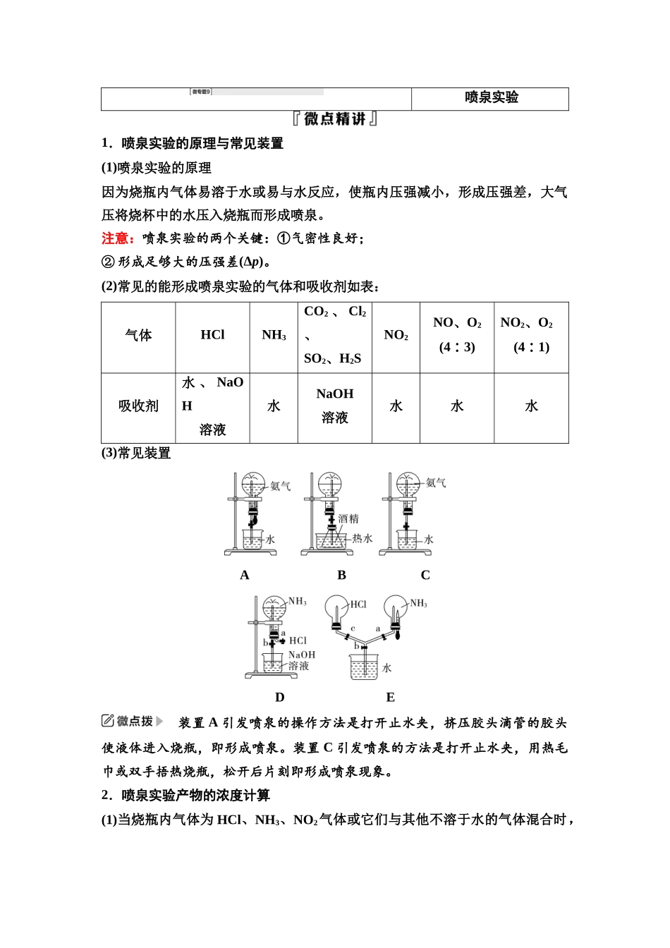 2026版《课堂新坐标》高三化学一轮复习江苏专版28第一篇第二部分专题4微专题9喷泉实验.docx_第1页