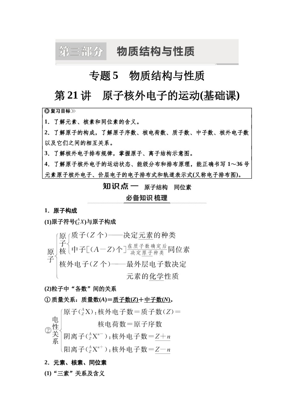 2026版《课堂新坐标》高三化学一轮复习江苏专版30第一篇第三部分专题5第21讲原子核外电子的运动(基础课).docx_第1页
