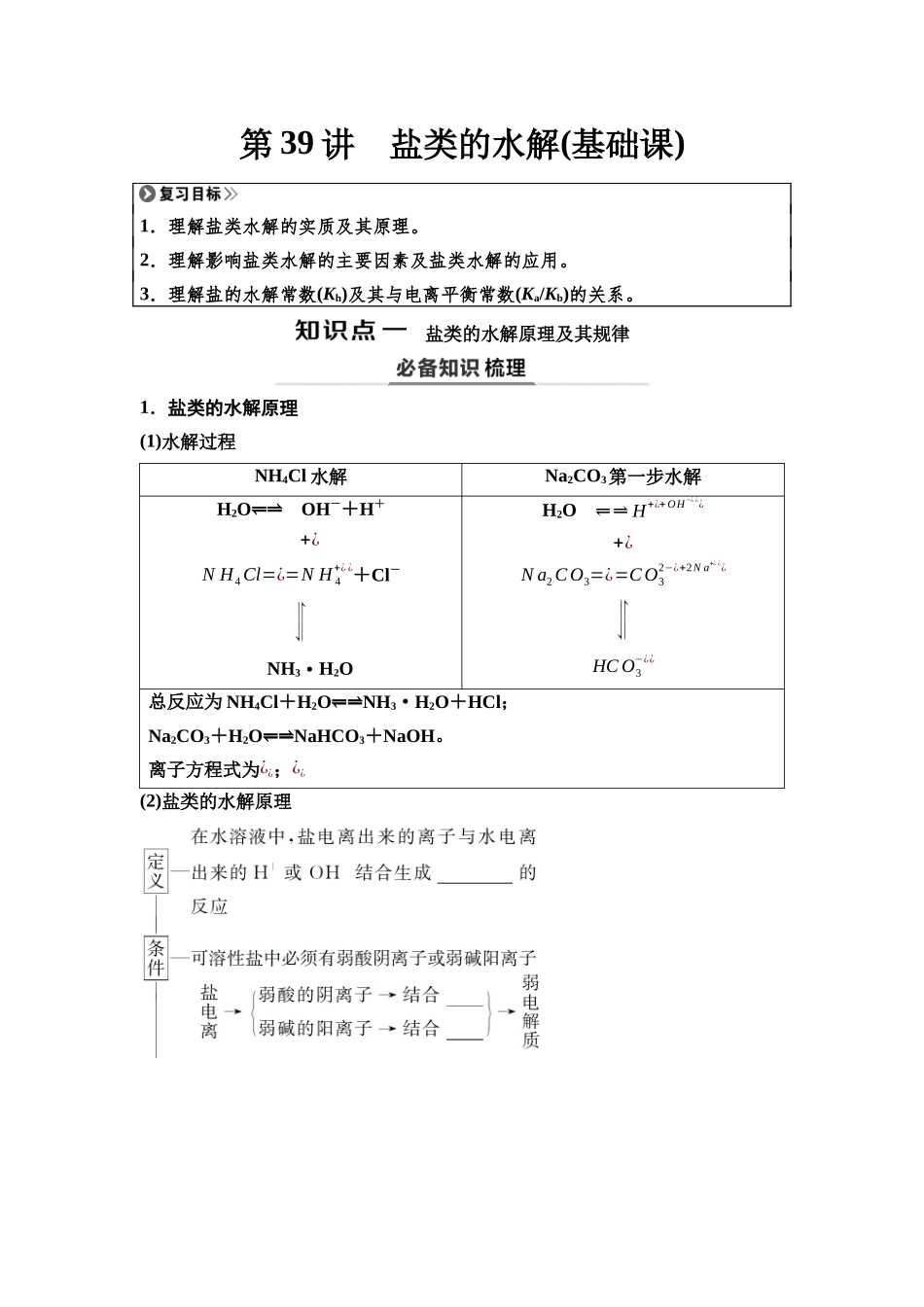 2026版《课堂新坐标》高三化学一轮复习江苏专版51第一篇第四部分专题8第39讲盐类的水解(基础课)(1).docx_第1页
