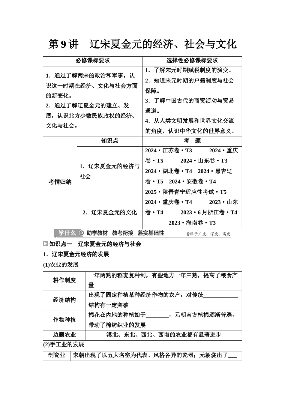2026版《课堂新坐标》高三历史一轮复习江苏专版11第一编第三单元第9讲辽宋夏金元的经济、社会与文化.docx_第1页