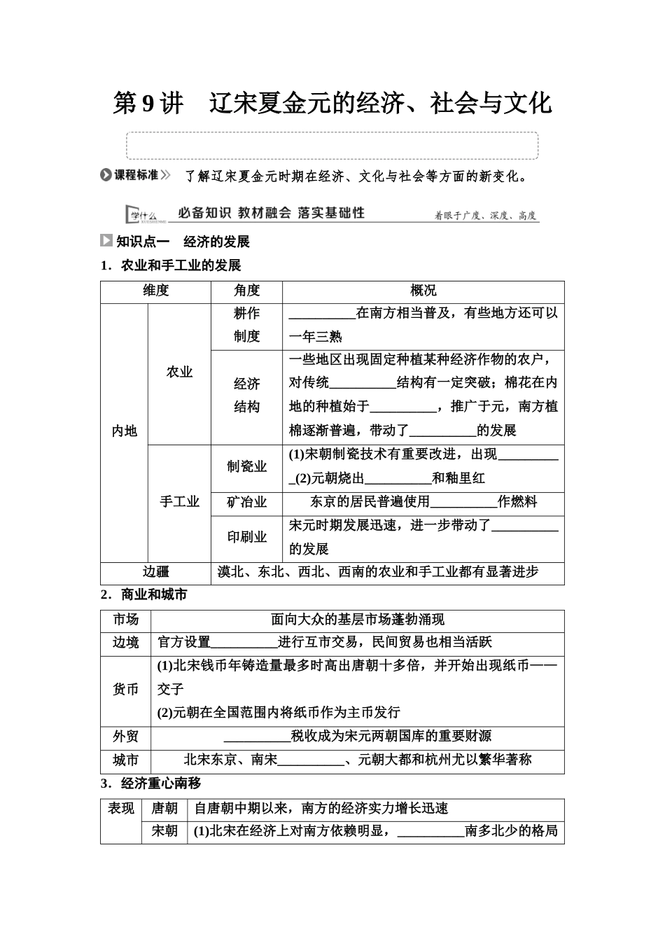 2026版《课堂新坐标》高三历史一轮复习通用版09中外历史纲要(上)第三单元第9讲辽宋夏金元的经济、社会与文化.docx_第1页