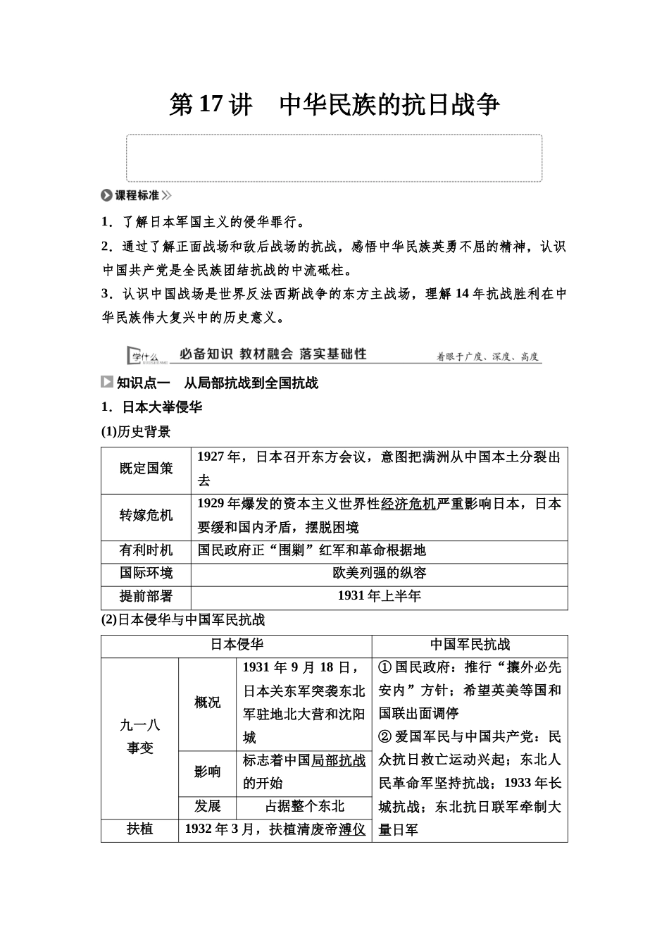 2026版《课堂新坐标》高三历史一轮复习通用版22中外历史纲要(上)第六单元第17讲中华民族的抗日战争.docx_第1页