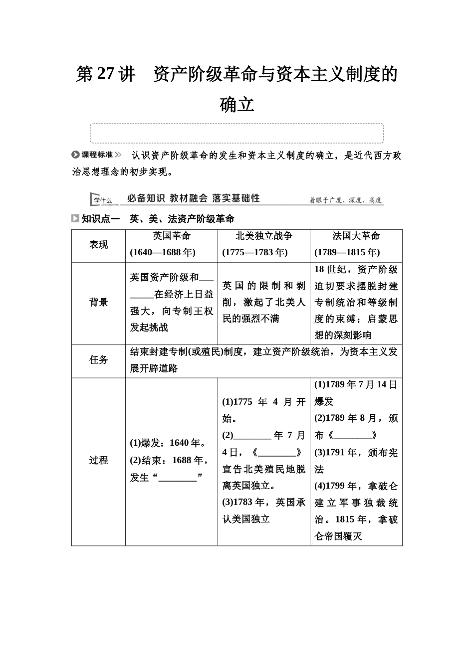 2026版《课堂新坐标》高三历史一轮复习通用版28中外历史纲要(下)第九单元第27讲资产阶级革命与资本主义制度的确立.docx_第1页