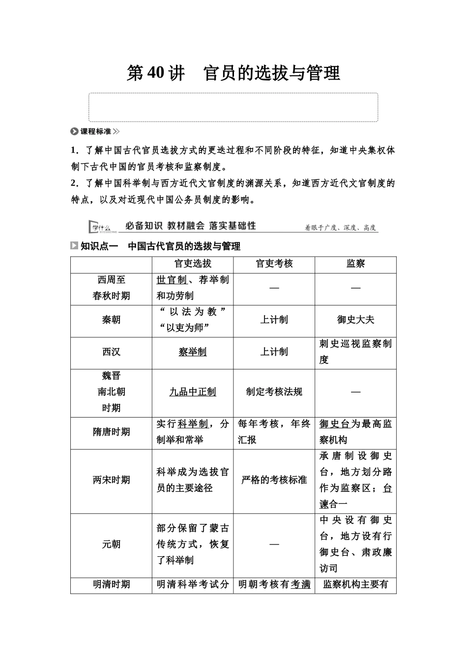 2026版《课堂新坐标》高三历史一轮复习通用版54选择性必修1第十三单元第40讲官员的选拔与管理.docx_第1页