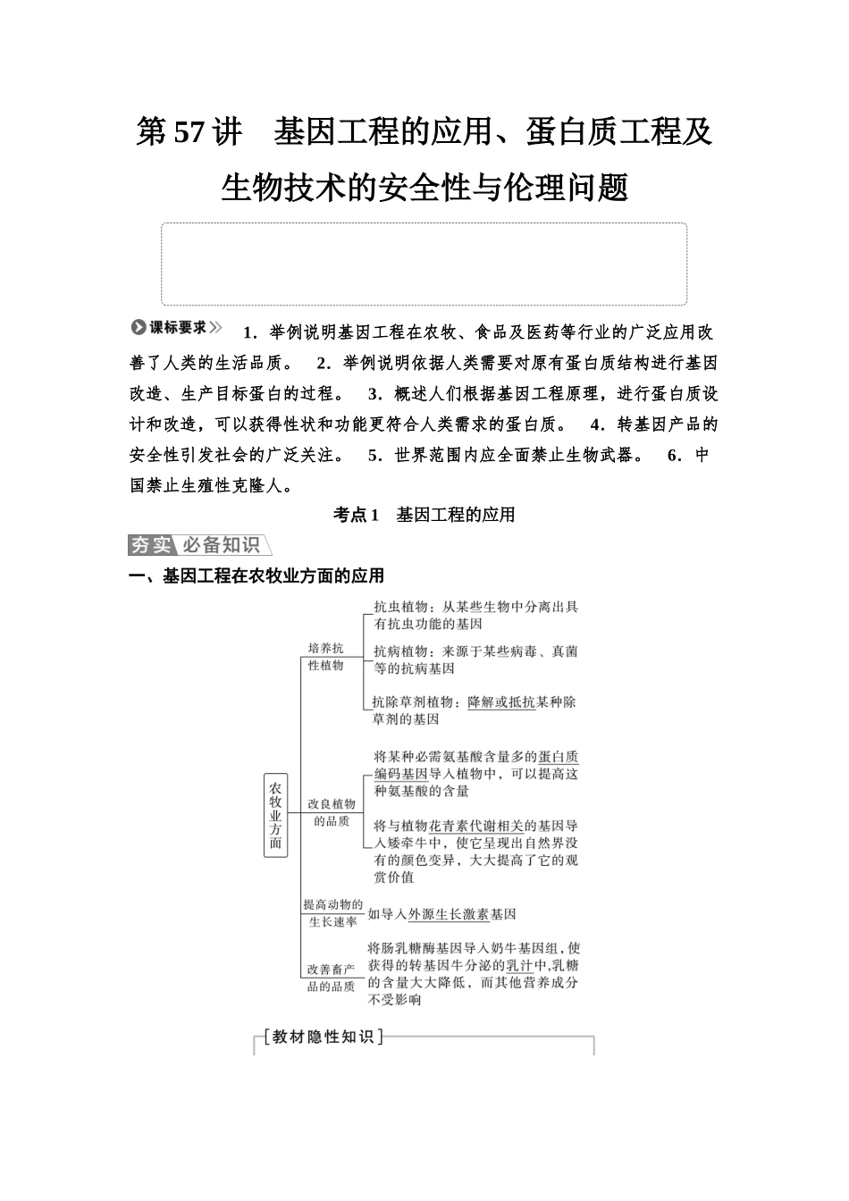 2026版《课堂新坐标》高三生物学一轮复习不定项版81选择性必修3第九单元第57讲基因工程的应用、蛋白质工程及生物技术的安全性与伦理问题.docx_第1页