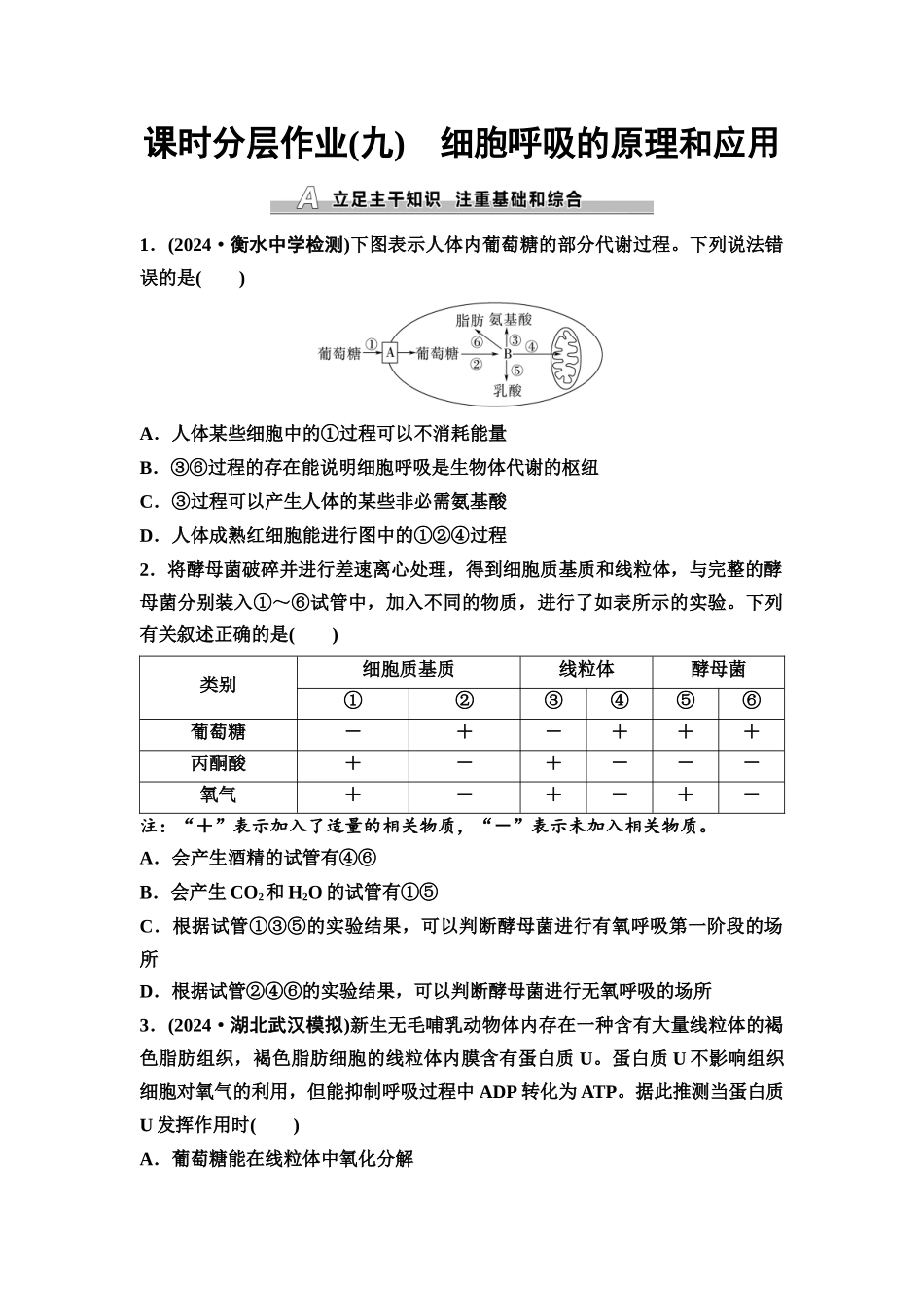 2026版《课堂新坐标》高三生物学一轮复习不定项版课时分层作业9细胞呼吸的原理和应用.docx_第1页