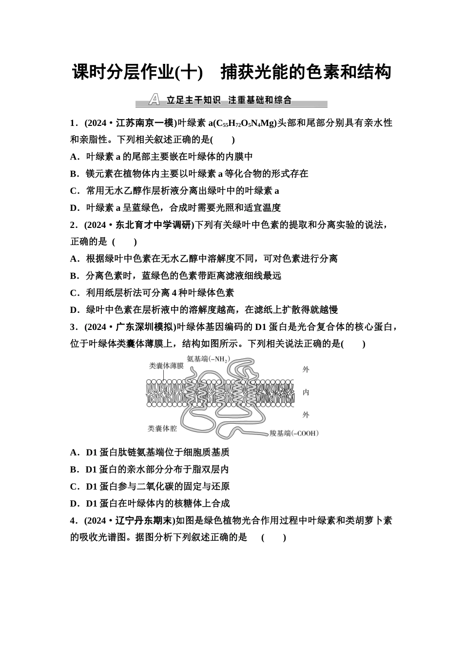 2026版《课堂新坐标》高三生物学一轮复习不定项版课时分层作业10捕获光能的色素和结构.docx_第1页
