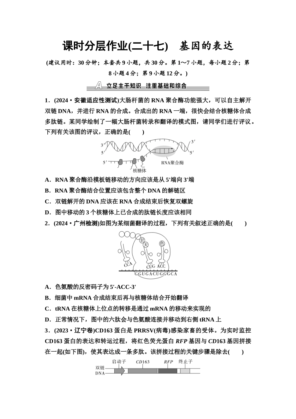 2026版《课堂新坐标》高三生物学一轮复习不定项版课时分层作业27基因的表达.docx_第1页