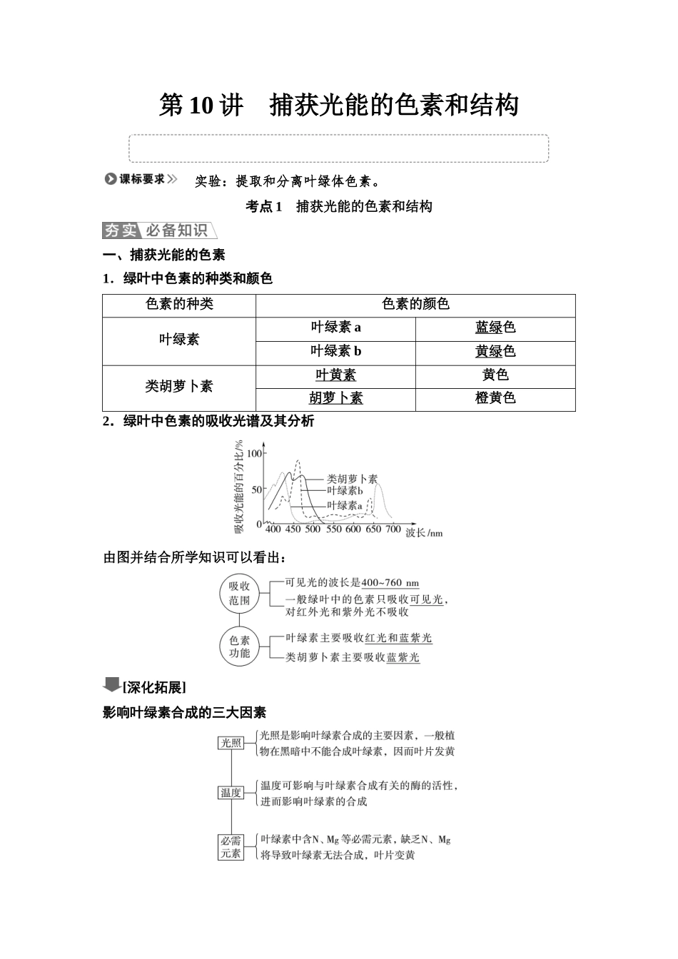 2026版《课堂新坐标》高三生物学一轮复习单选版13必修1第二单元第10讲捕获光能的色素和结构(1).docx_第1页