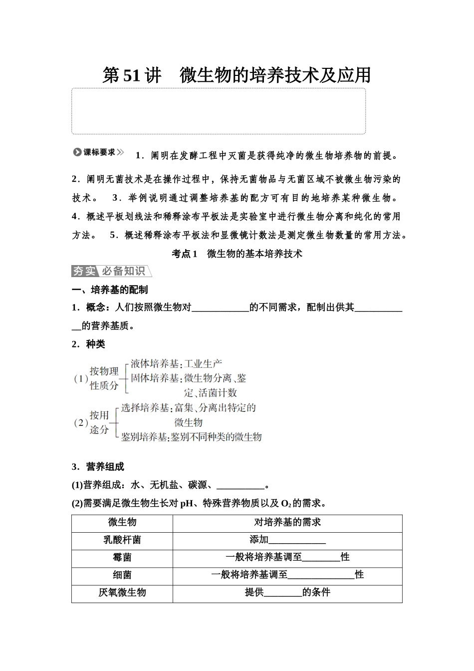 2026版《课堂新坐标》高三生物学一轮复习单选版72选择性必修3第九单元第51讲微生物的培养技术及应用(1).docx_第1页