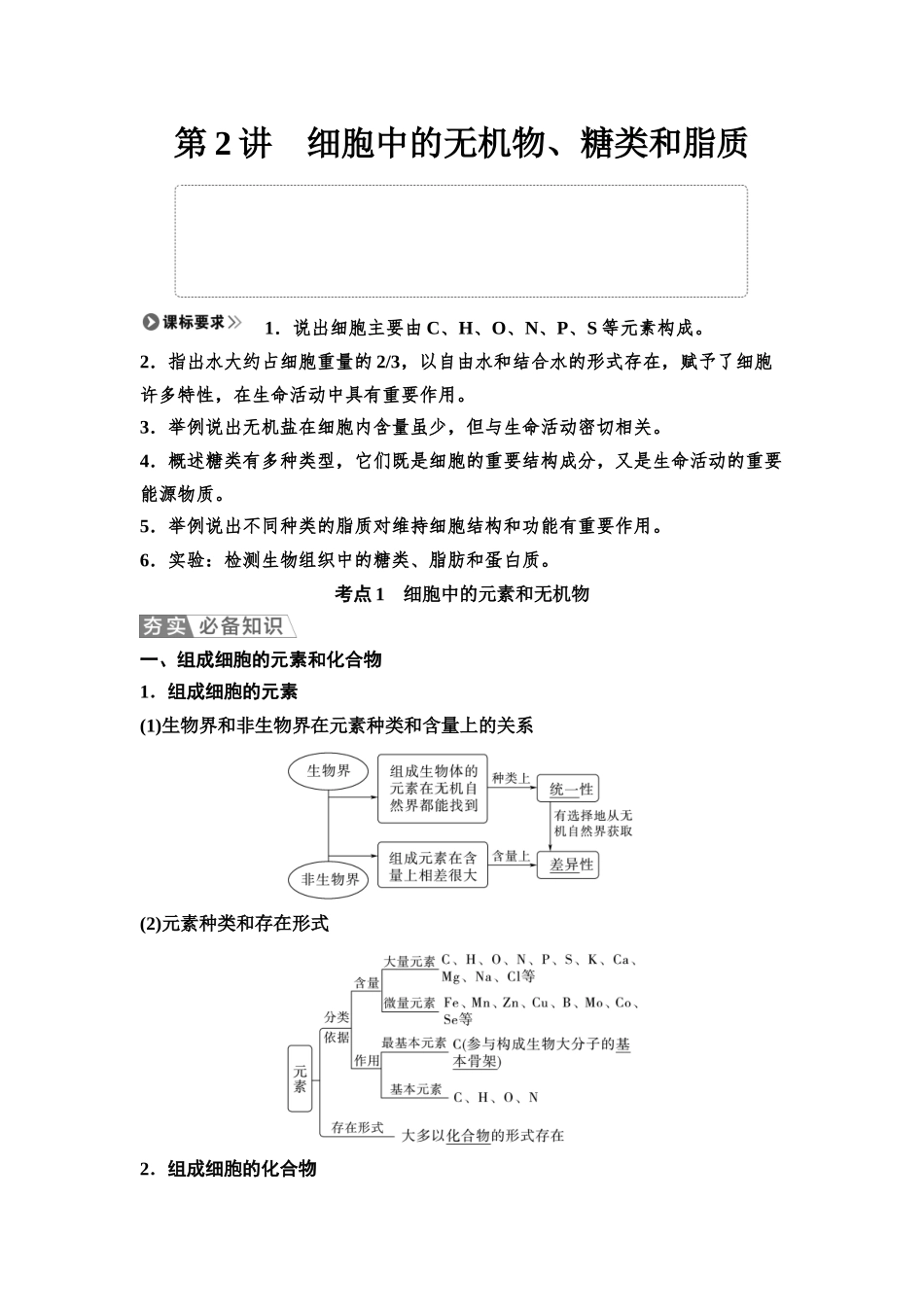 2026版《课堂新坐标》高三生物学一轮复习江苏专版02必修1第一单元第2讲细胞中的无机物、糖类和脂质.docx_第1页