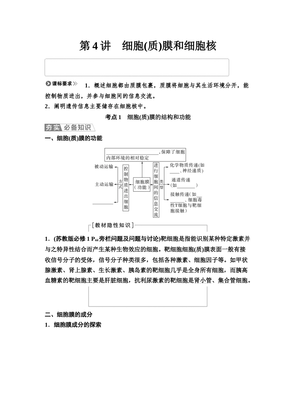 2026版《课堂新坐标》高三生物学一轮复习江苏专版04必修1第一单元第4讲细胞(质)膜和细胞核(1).docx_第1页