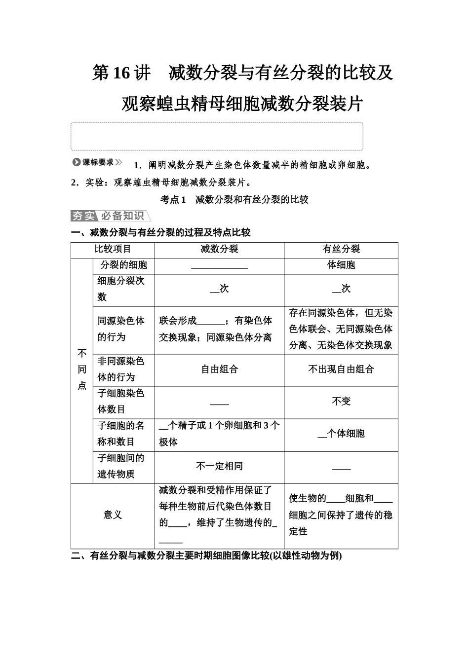 2026版《课堂新坐标》高三生物学一轮复习江苏专版20必修1第三单元第16讲减数分裂与有丝分裂的比较及观察蝗虫精母细胞减数分裂装片(1).docx_第1页