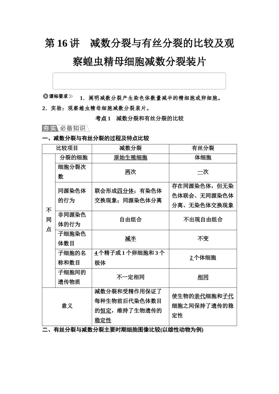 2026版《课堂新坐标》高三生物学一轮复习江苏专版20必修1第三单元第16讲减数分裂与有丝分裂的比较及观察蝗虫精母细胞减数分裂装片.docx_第1页