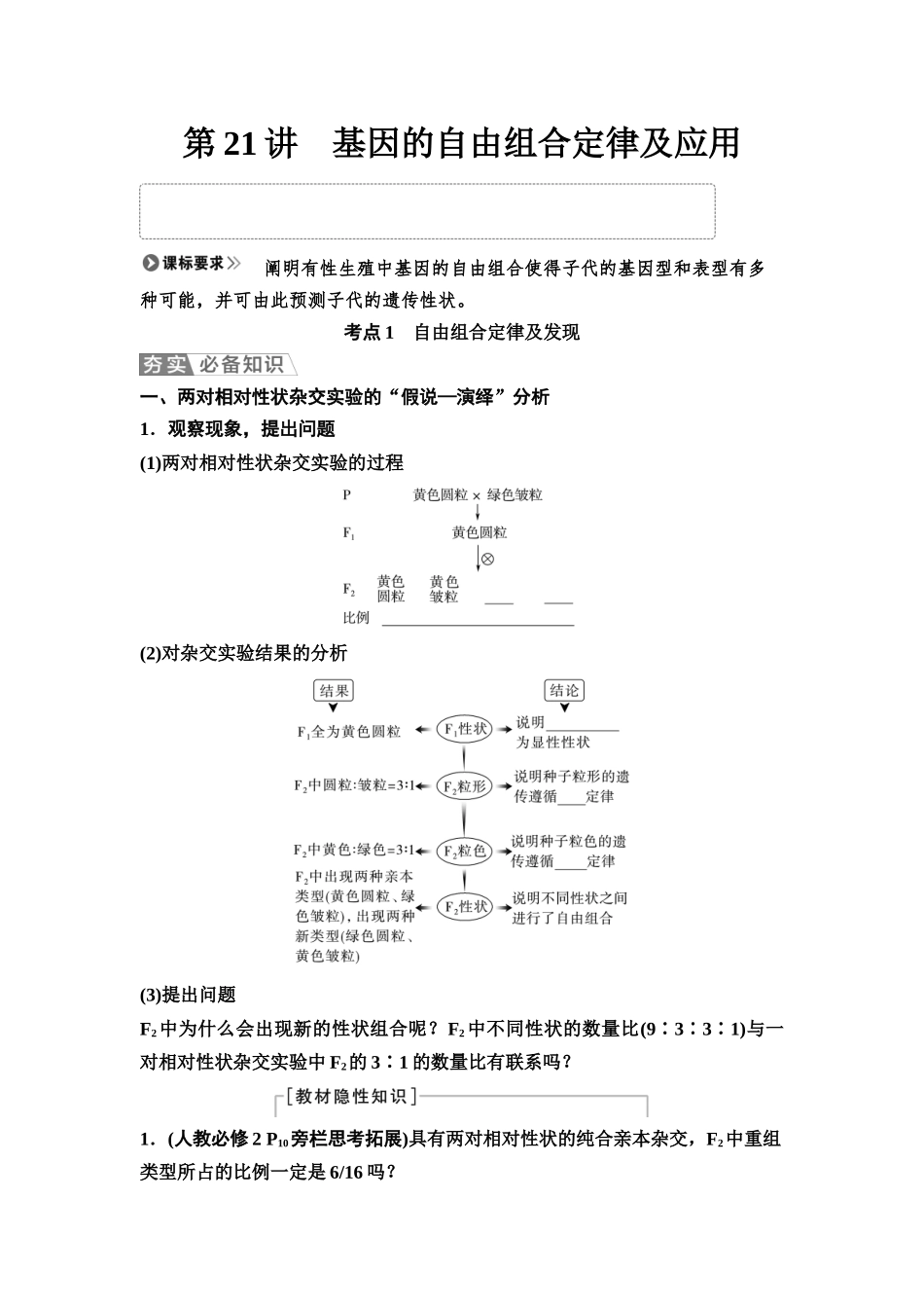 2026版《课堂新坐标》高三生物学一轮复习江苏专版27必修1第四单元第21讲基因的自由组合定律及应用(1).docx_第1页