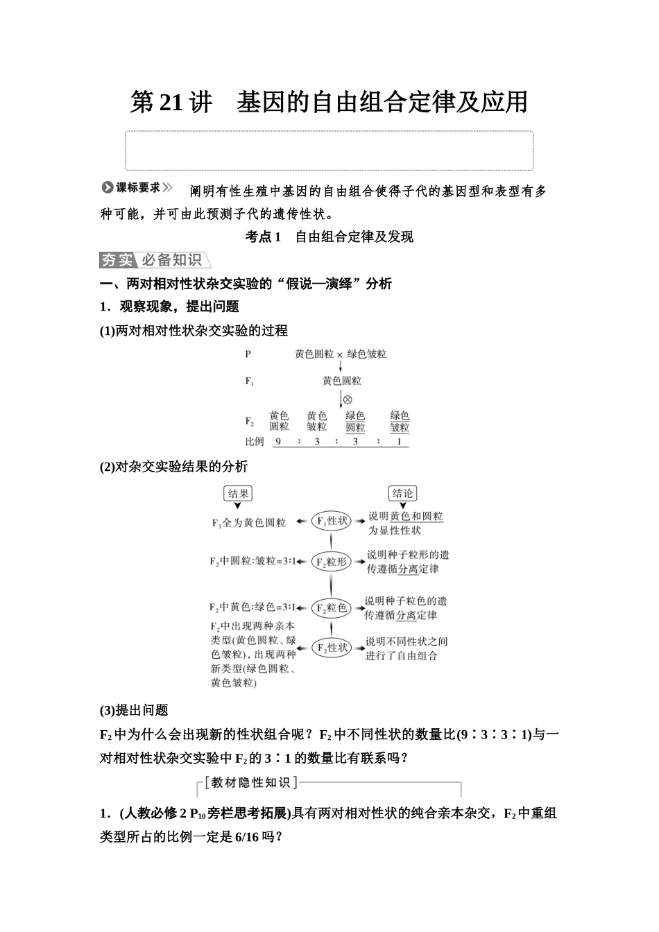 2026版《课堂新坐标》高三生物学一轮复习江苏专版27必修1第四单元第21讲基因的自由组合定律及应用.docx_第1页