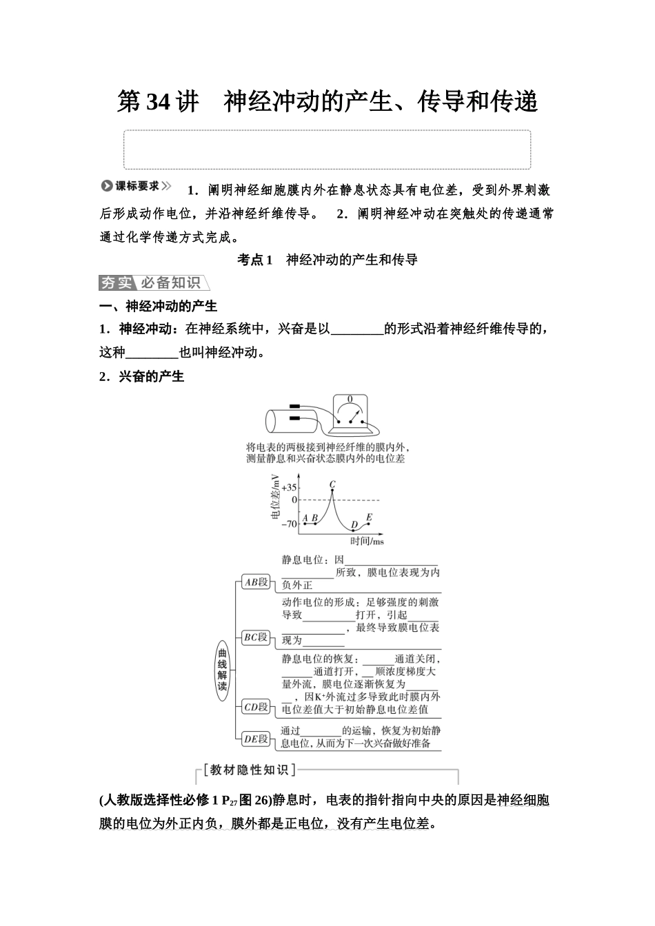 2026版《课堂新坐标》高三生物学一轮复习江苏专版45选择性必修1第七单元第34讲神经冲动的产生、传导和传递(1).docx_第1页