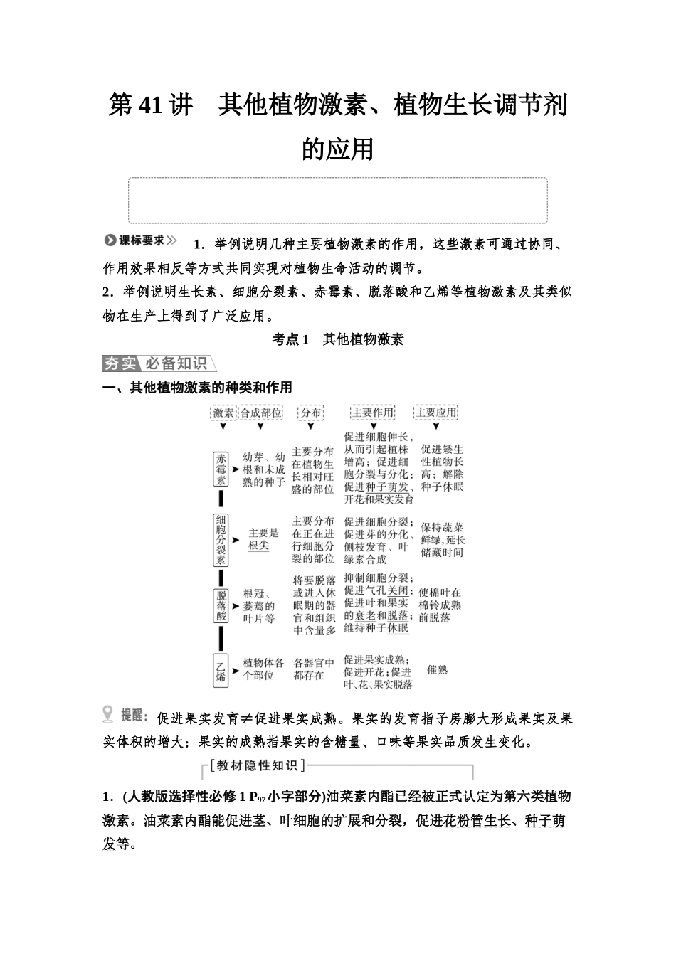 2026版《课堂新坐标》高三生物学一轮复习江苏专版54选择性必修1第七单元第41讲其他植物激素、植物生长调节剂的应用.docx_第1页
