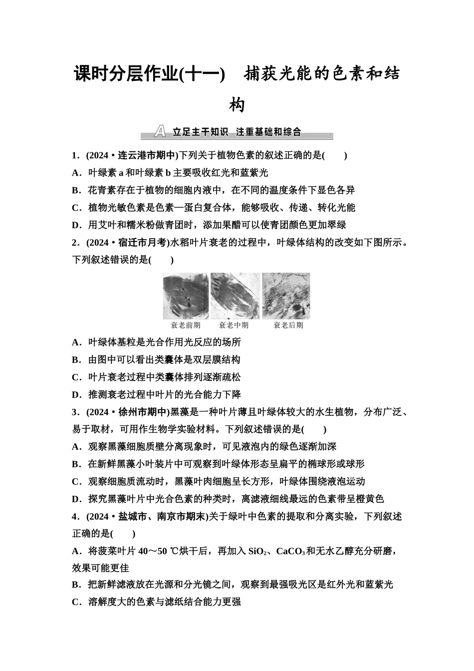 2026版《课堂新坐标》高三生物学一轮复习江苏专版课时分层作业11捕获光能的色素和结构.docx_第1页