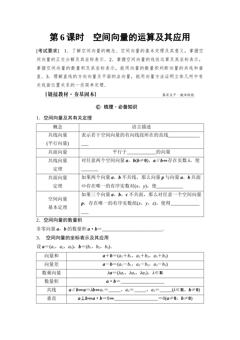 2026版《课堂新坐标》高三数学一轮复习基础版56第七章第6课时空间向量的运算及其应用.docx_第1页