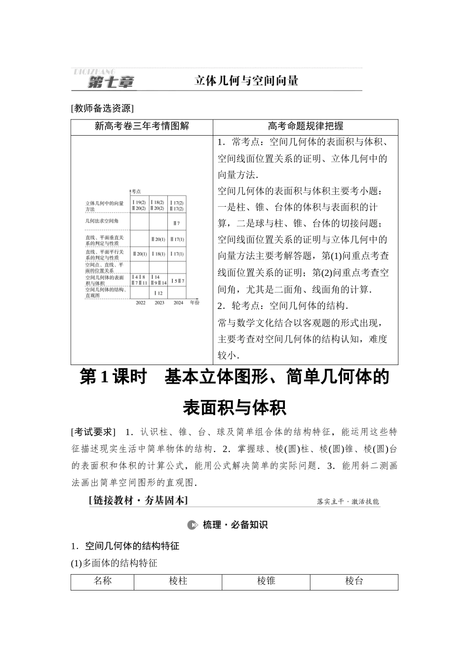2026版《课堂新坐标》高三数学一轮复习基础版58第七章第1课时基本立体图形、简单几何体的表面积与体积.docx_第1页