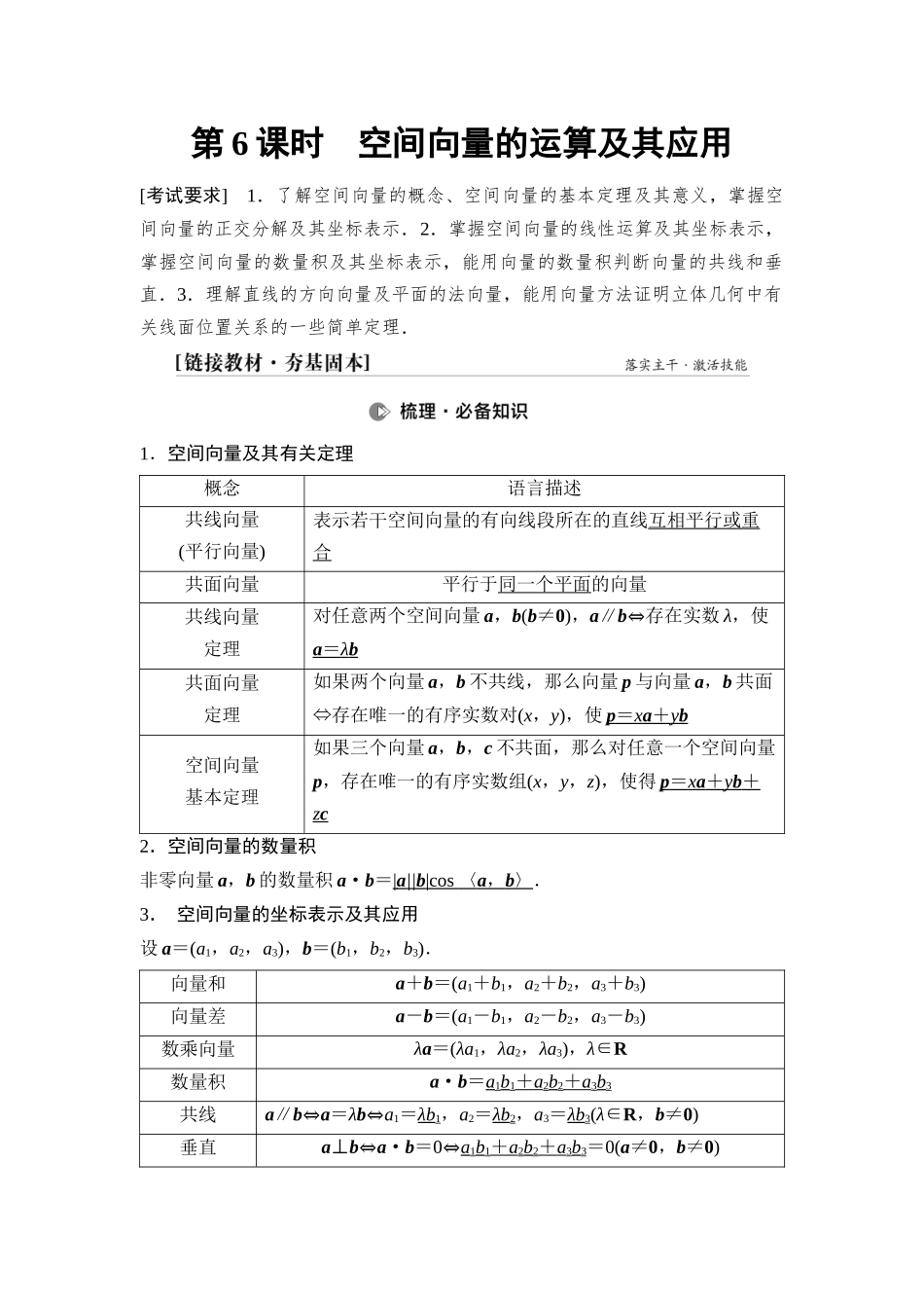 2026版《课堂新坐标》高三数学一轮复习基础版63第七章第6课时空间向量的运算及其应用.docx_第1页