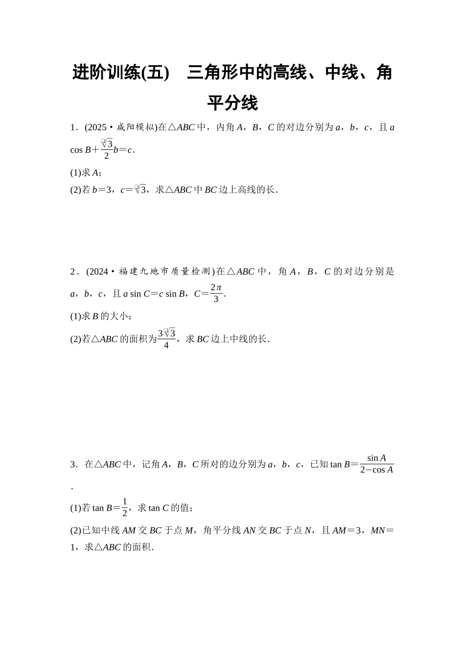 2026版《课堂新坐标》高三数学一轮复习通用版进阶训练5三角形中的高线、中线、角平分线.docx_第1页