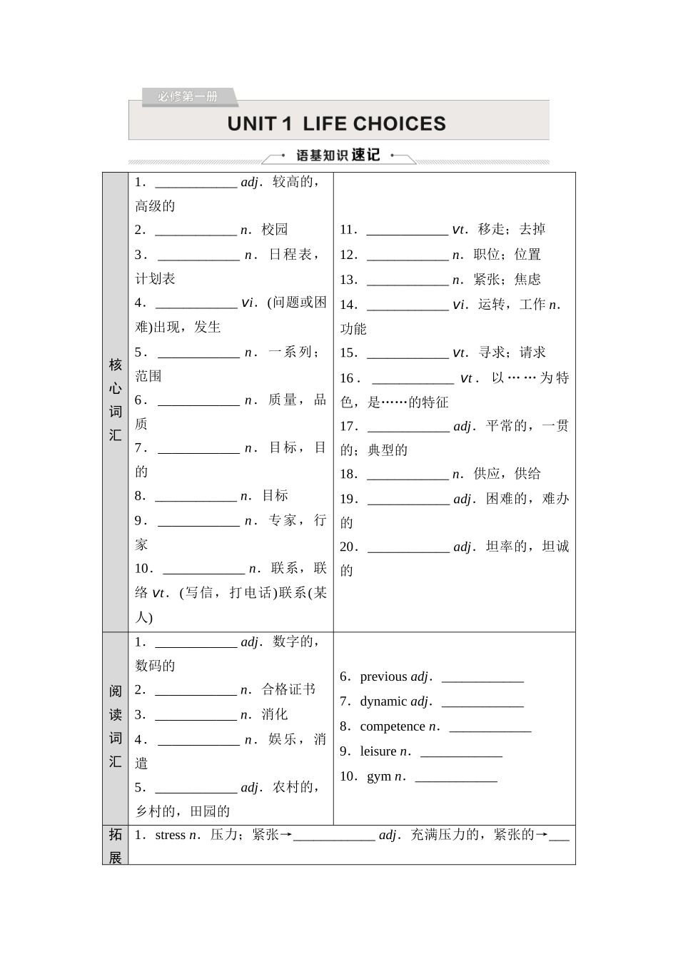 2026版《课堂新坐标》高三英语一轮复习北师大版01必修第一册UNIT1LIFECHOICES.docx_第1页