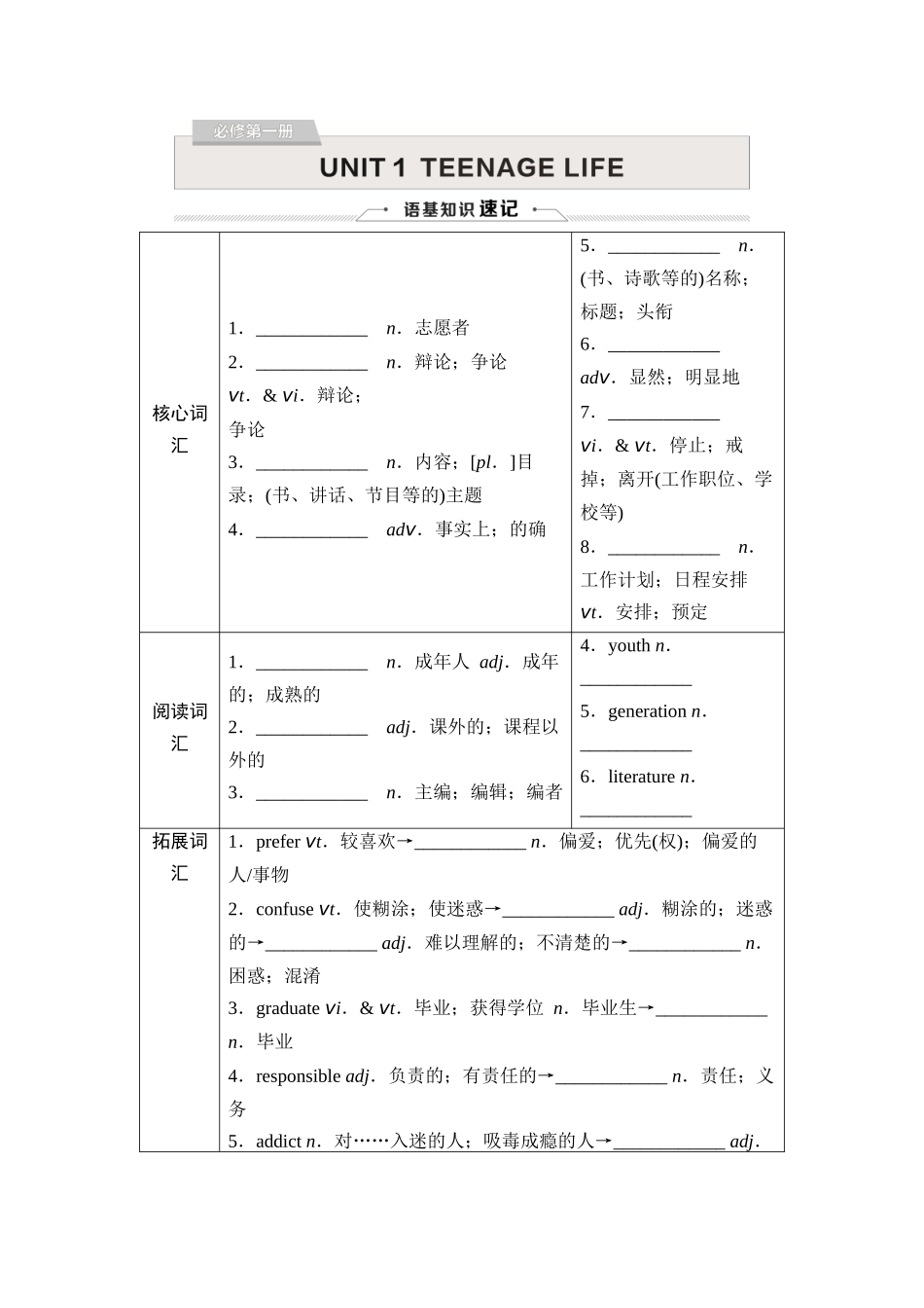 2026版《课堂新坐标》高三英语一轮复习人教版02必修第一册UNIT1TEENAGELIFE.docx_第1页