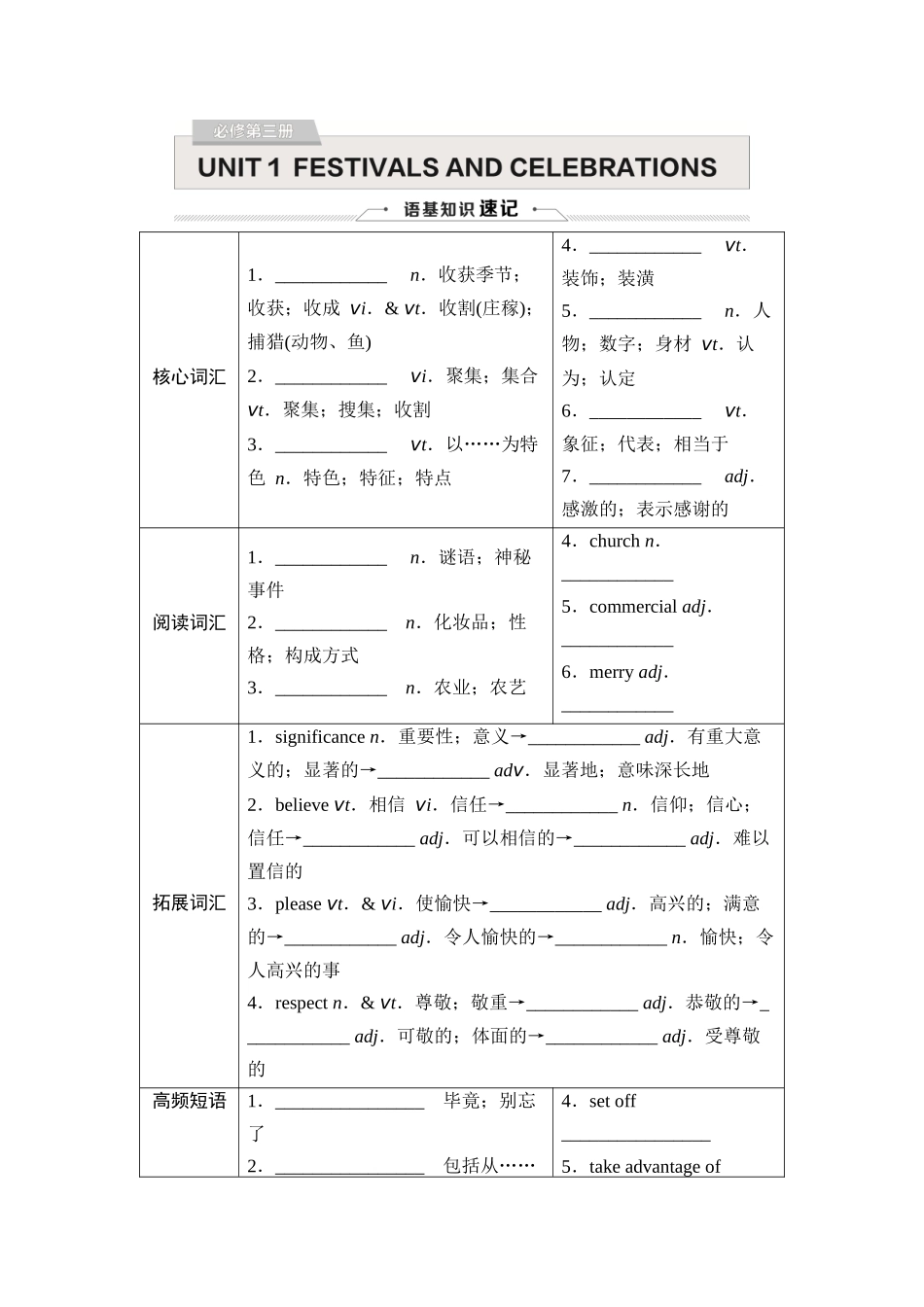 2026版《课堂新坐标》高三英语一轮复习人教版12必修第三册UNIT1FESTIVALSANDCELEBRATIONS.docx_第1页