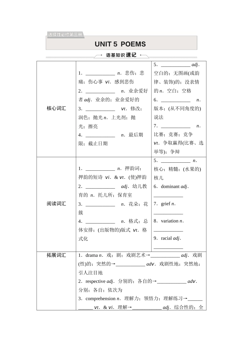 2026版《课堂新坐标》高三英语一轮复习人教版31选择性必修第三册UNIT5POEMS.docx_第1页