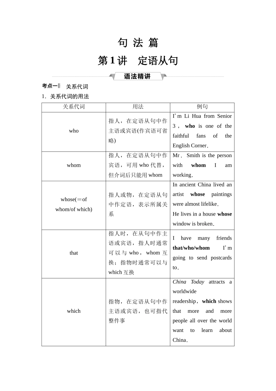 2026版《课堂新坐标》高三英语一轮复习人教版47第二部分句法篇第1讲定语从句(1).docx_第1页