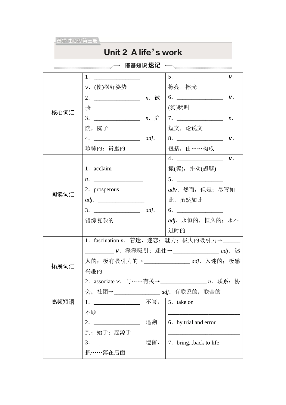 2026版《课堂新坐标》高三英语一轮复习外研社版32选择性必修第三册Unit2Alife'swork.docx_第1页