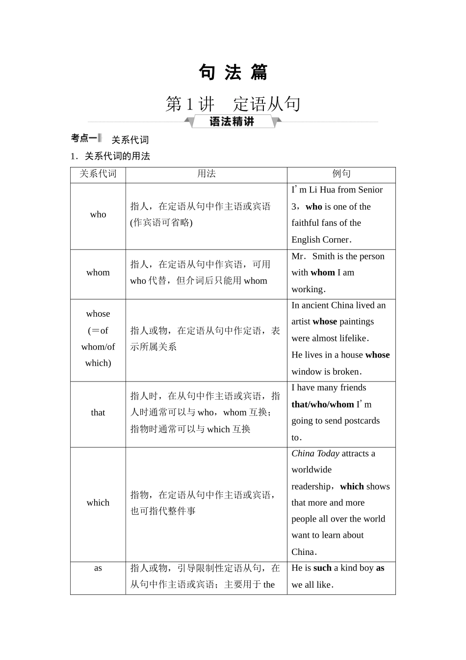 2026版《课堂新坐标》高三英语一轮复习外研社版50第二部分句法篇第1讲定语从句(1).docx_第1页