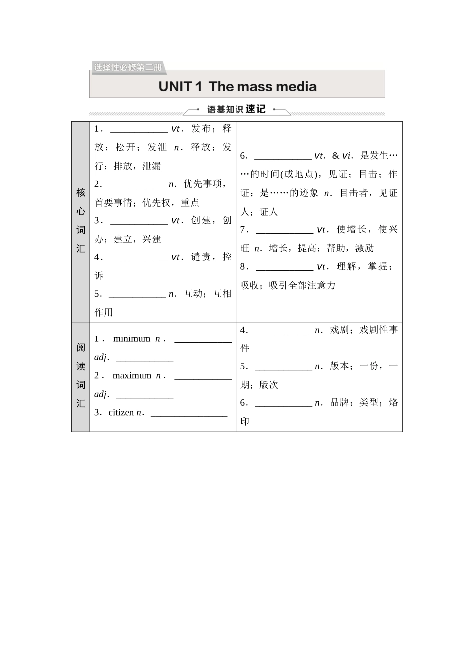 2026版《课堂新坐标》高三英语一轮复习译林版17选择性必修第二册UNIT1Themassmedia.docx_第1页