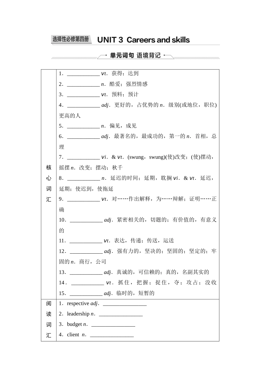 2026版《课堂新坐标》高三英语一轮复习译林版27第一部分选择性必修第四册UNIT3Careersandskills(1).docx_第1页