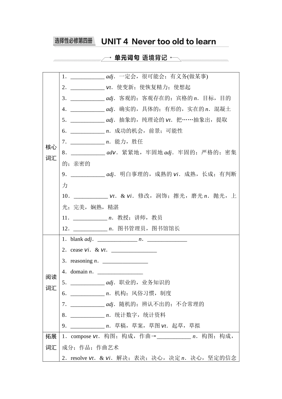 2026版《课堂新坐标》高三英语一轮复习译林版28第一部分选择性必修第四册UNIT4Nevertoooldtolearn(1).docx_第1页