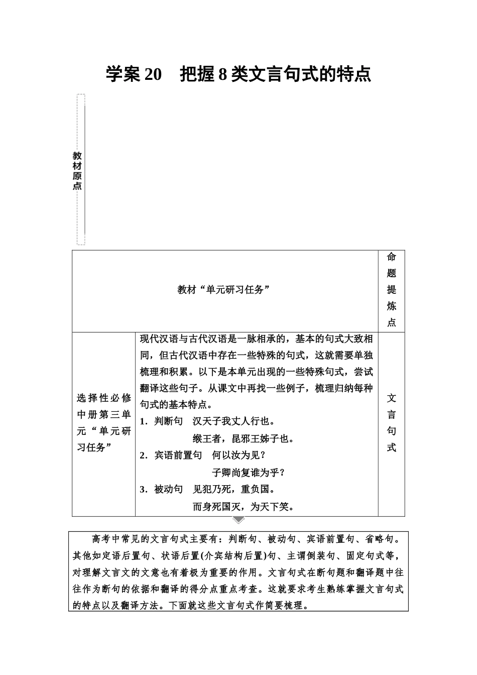 2026版《课堂新坐标》高三语文一轮复习（教考衔接）04板块一专题一学案20把握8类文言句式的特点.docx_第1页