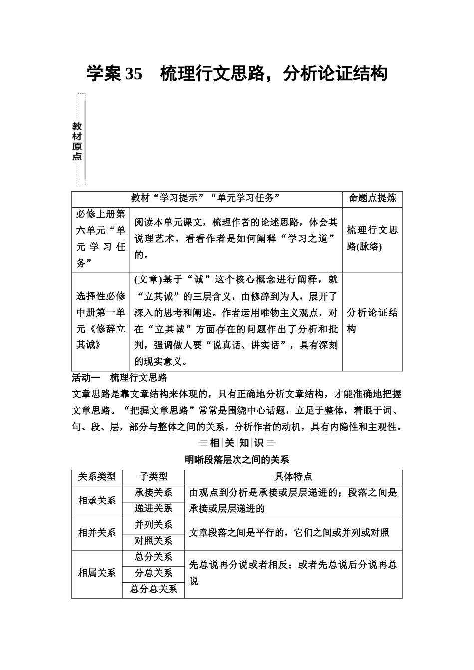 2026版《课堂新坐标》高三语文一轮复习（教考衔接）22板块二专题一学案35梳理行文思路，分析论证结构.docx_第1页