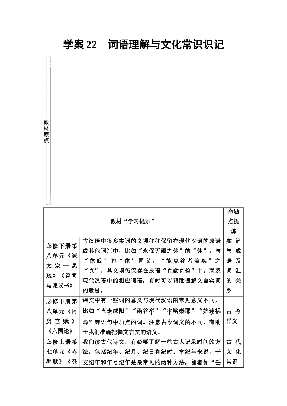 2026版《课堂新坐标》高三语文一轮复习（教考衔接）22板块一专题一学案22词语理解与文化常识识记.docx_第1页