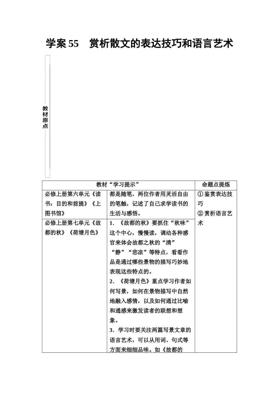 2026版《课堂新坐标》高三语文一轮复习（教考衔接）60板块三专题二学案55赏析散文的表达技巧和语言艺术.docx_第1页