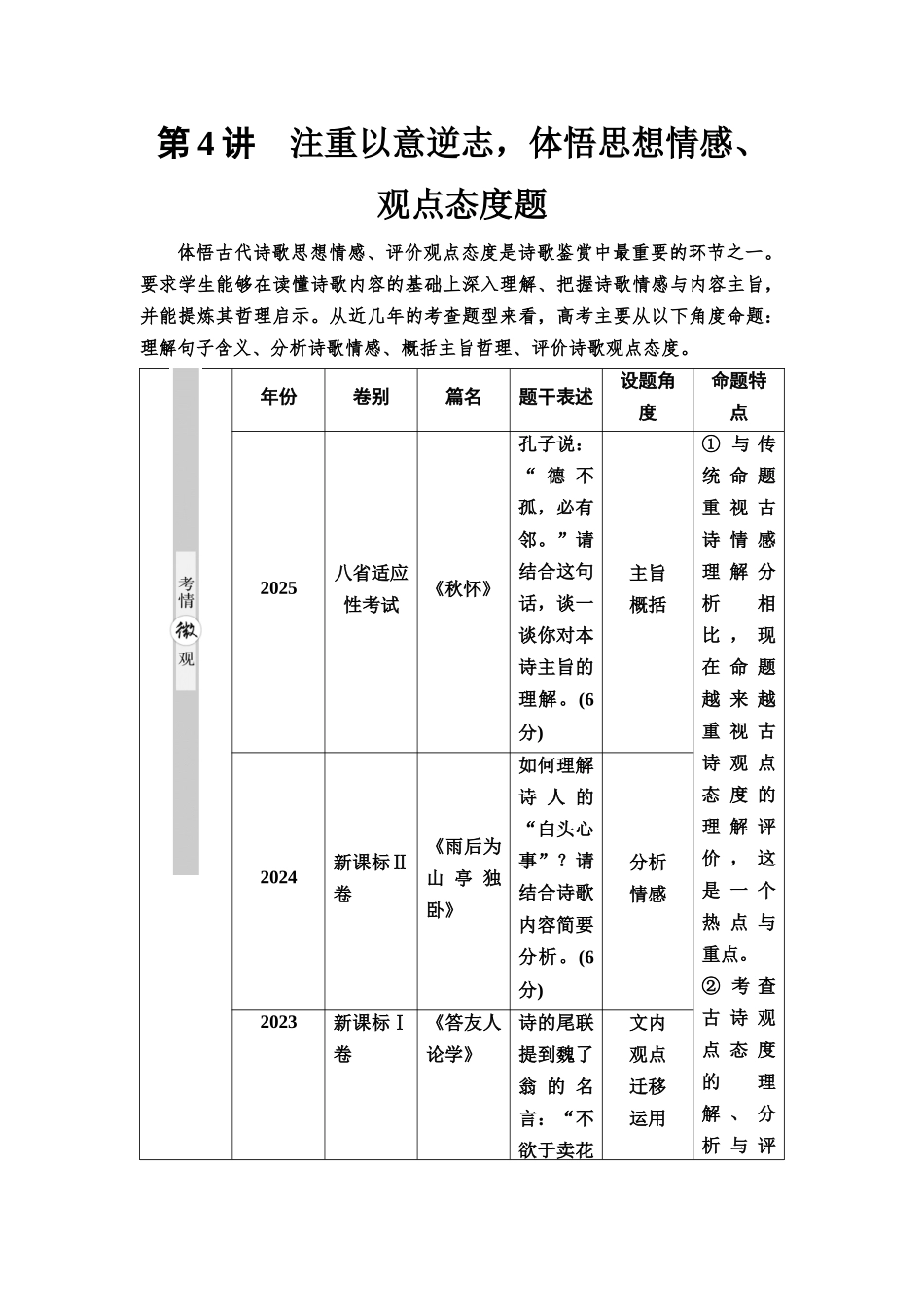 2026版《课堂新坐标》高三语文一轮复习（通用版）45板块三专题二考题研析第4讲注重以意逆志，体悟思想情感、观点态度题.docx_第1页