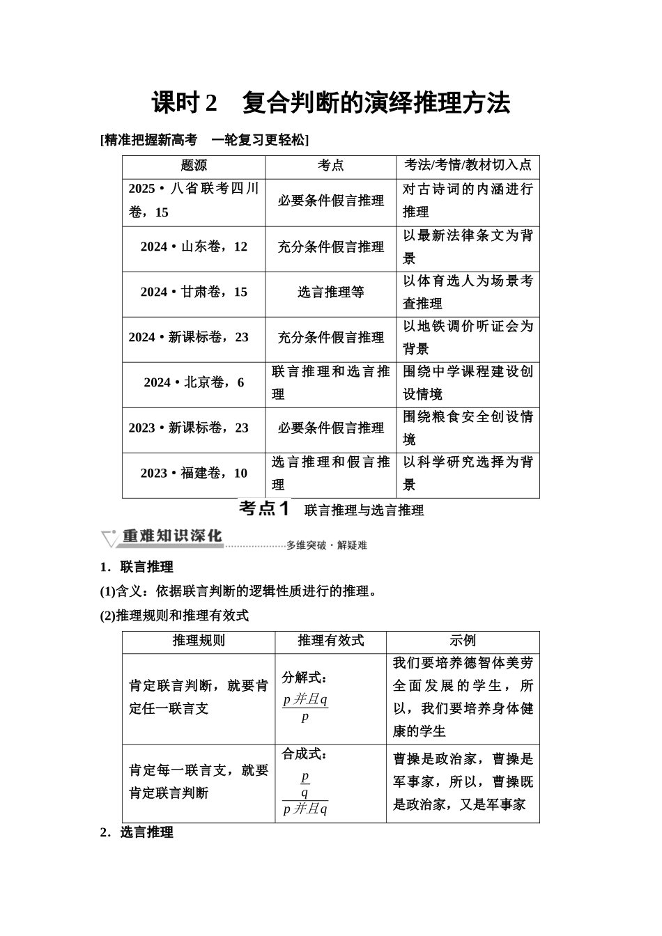 2026版《课堂新坐标》高三政治一轮复习通用版61选择性必修3第二单元第四十六课课时2复合判断的演绎推理方法(1).docx_第1页