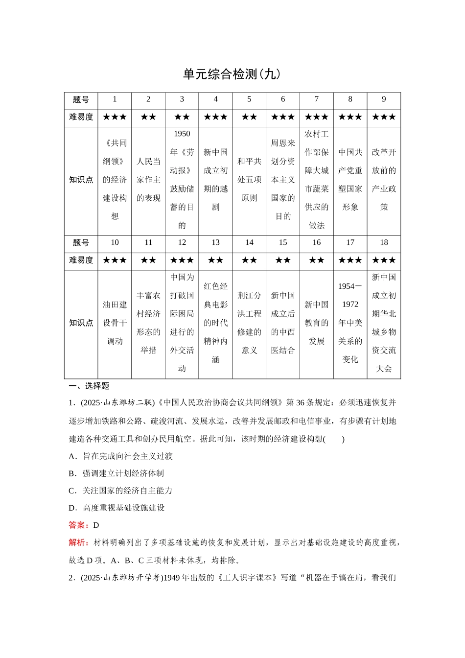 2026《金版教程》高考复习方案历史创新版-单元综合检测(九).docx_第1页