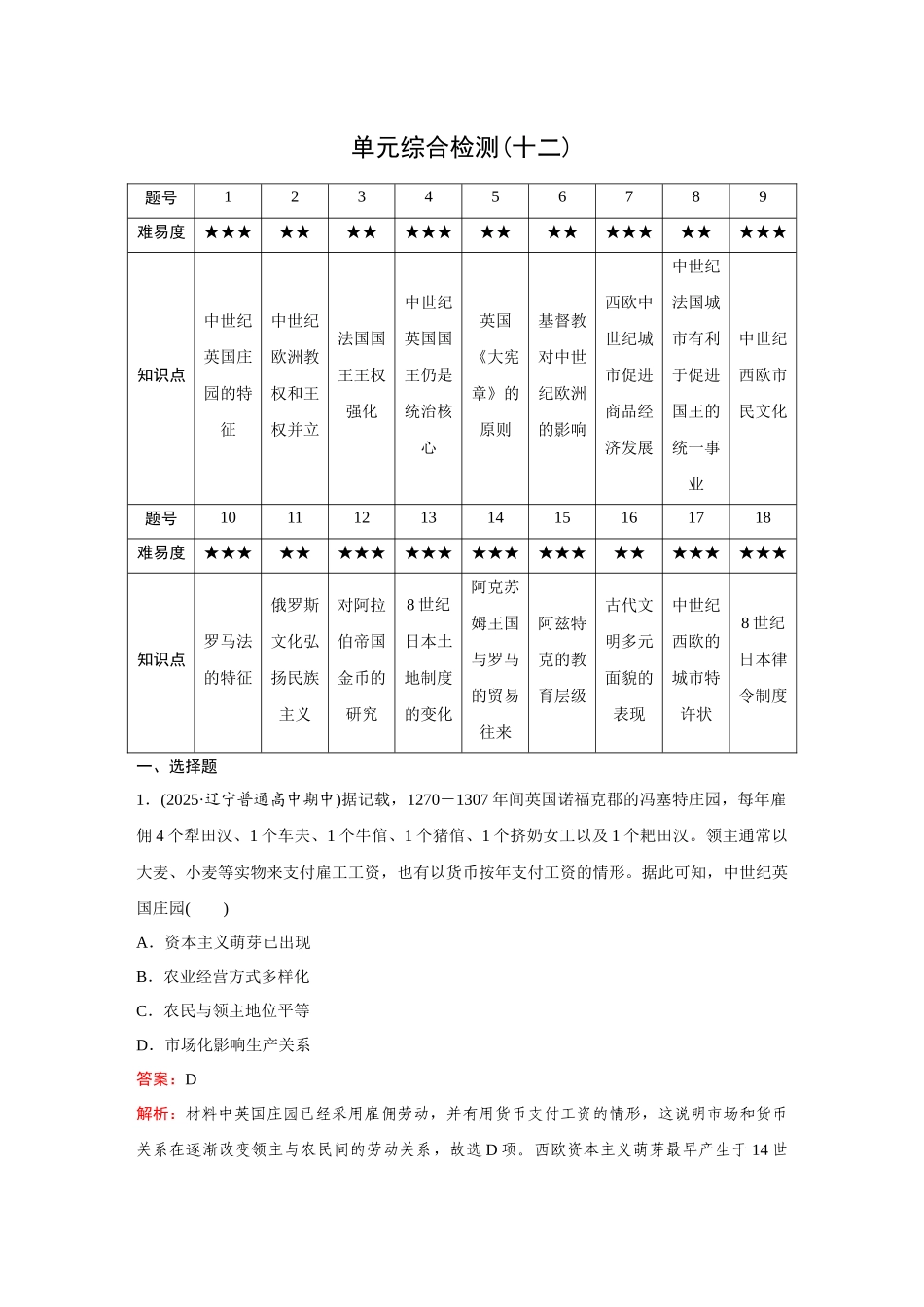 2026《金版教程》高考复习方案历史创新版-单元综合检测(十二).docx_第1页
