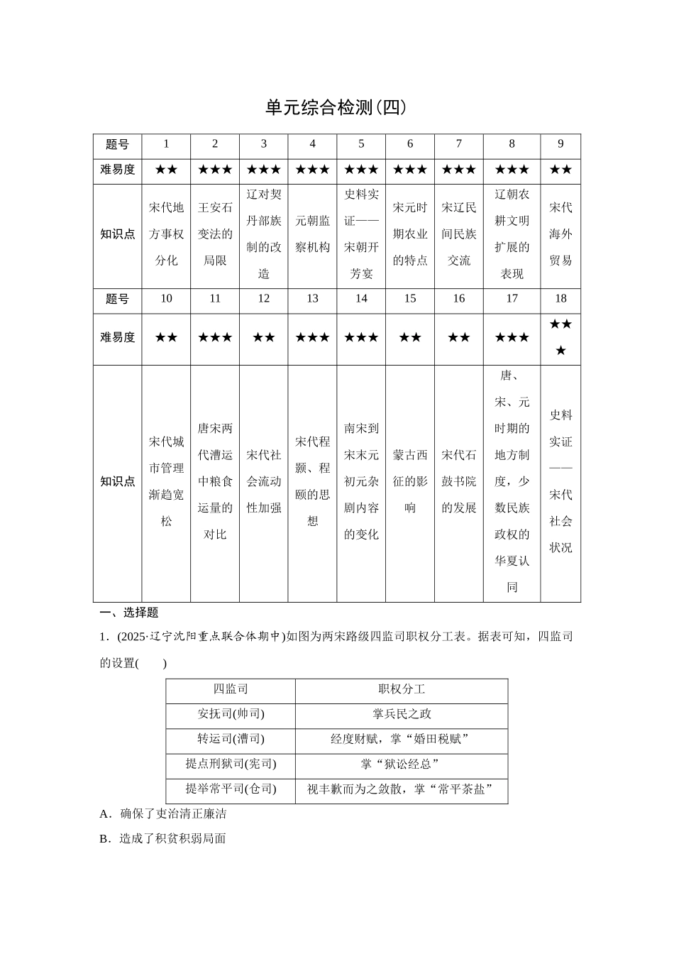 2026《金版教程》高考复习方案历史创新版-单元综合检测(四).docx_第1页