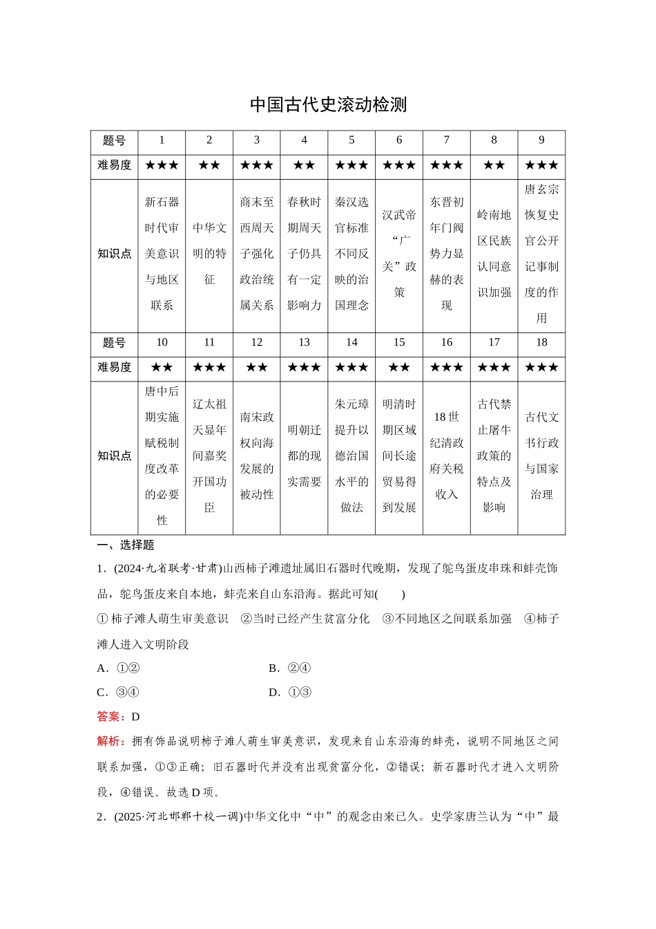 2026《金版教程》高考复习方案历史创新版-中国古代史滚动检测.docx_第1页